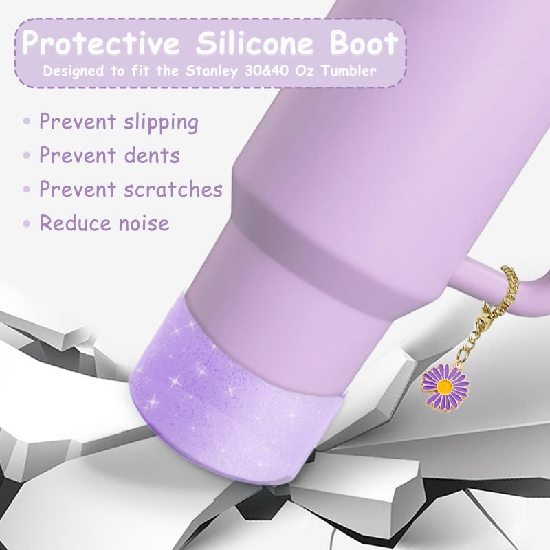 vikgle Stanley Cup Accessories Set,Including 2 Pcs 0.4in Straw Cover, 1 Silicone Spill-Proof Stopper Set of 3, 1 Cute Purple Flower Handle Charm, 1 Silicone Boot Fits Stanley 40&30 Oz Tumbler (Purple) - Image 4